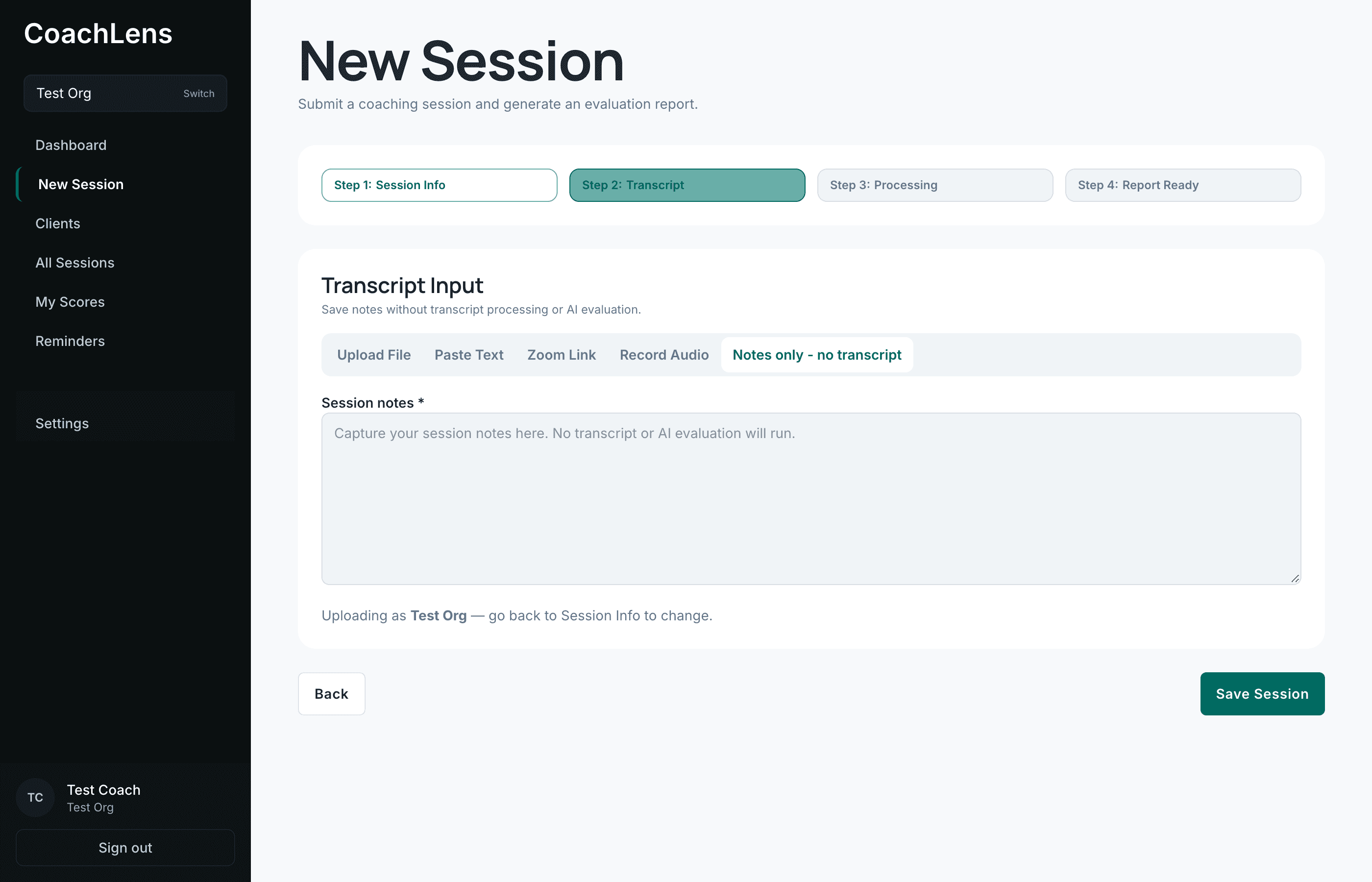 The notes-only option in the session wizard