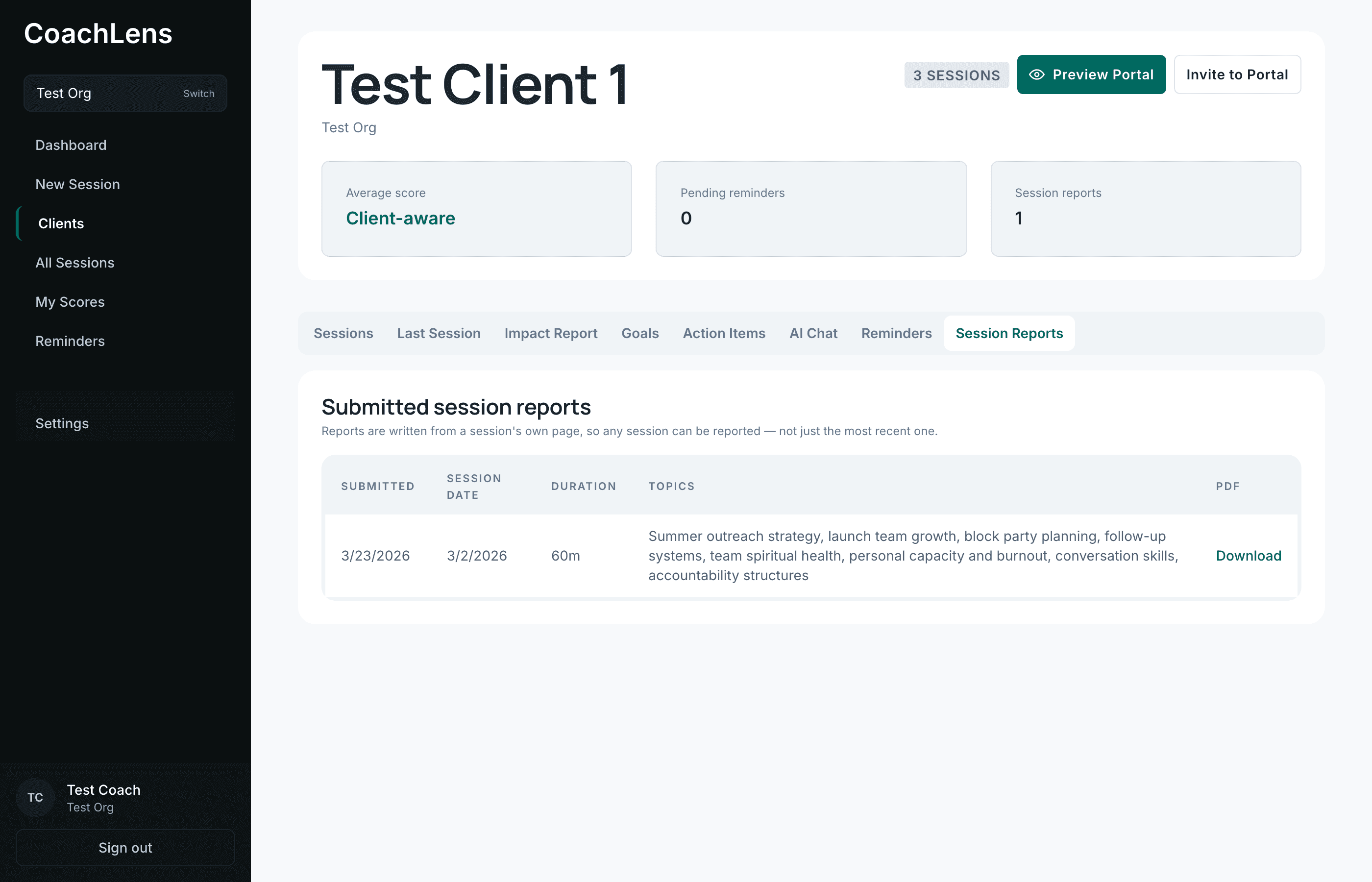 The Session Reports tab listing submitted reports