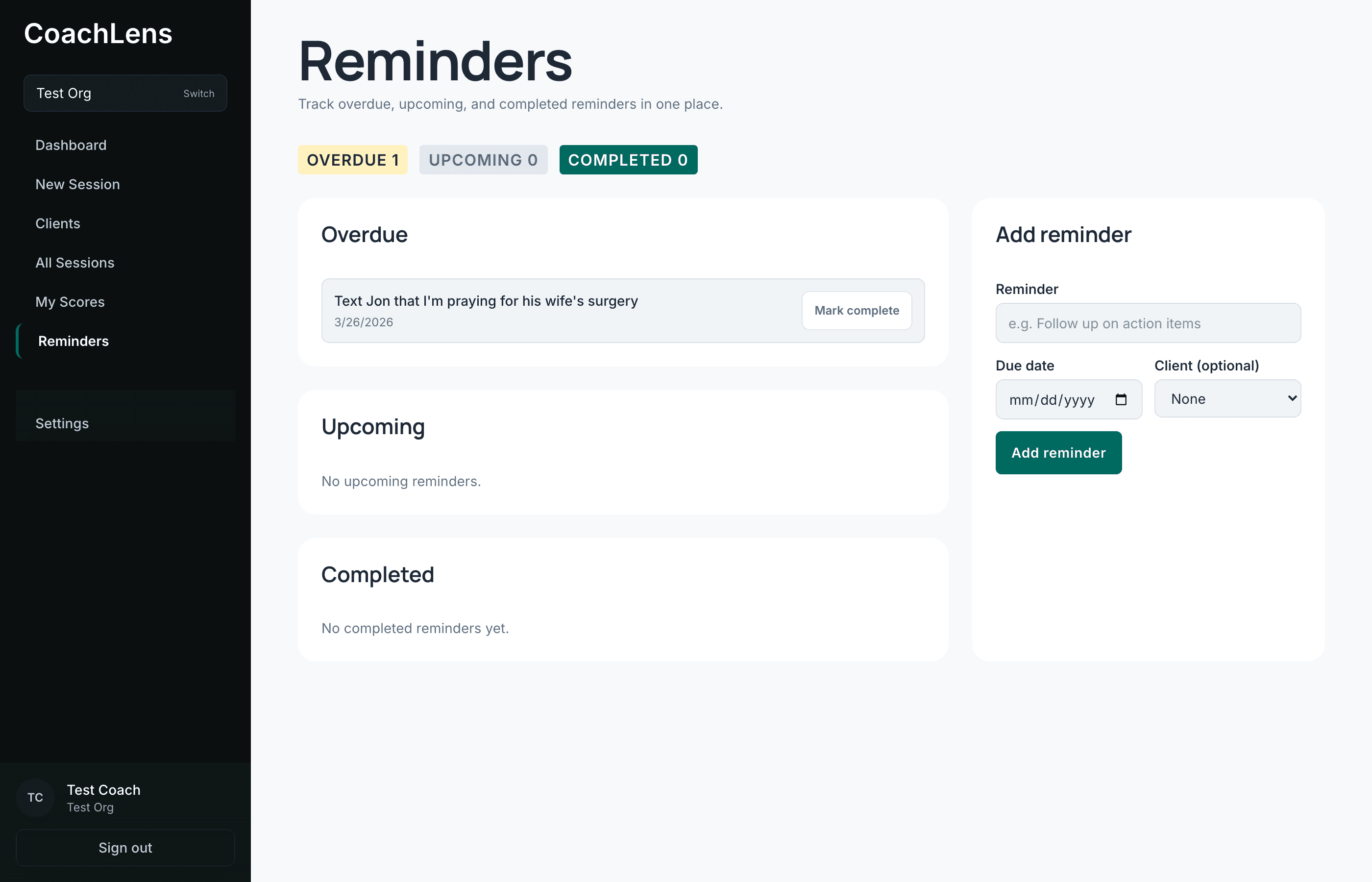 The Reminders page grouped into overdue, upcoming and completed