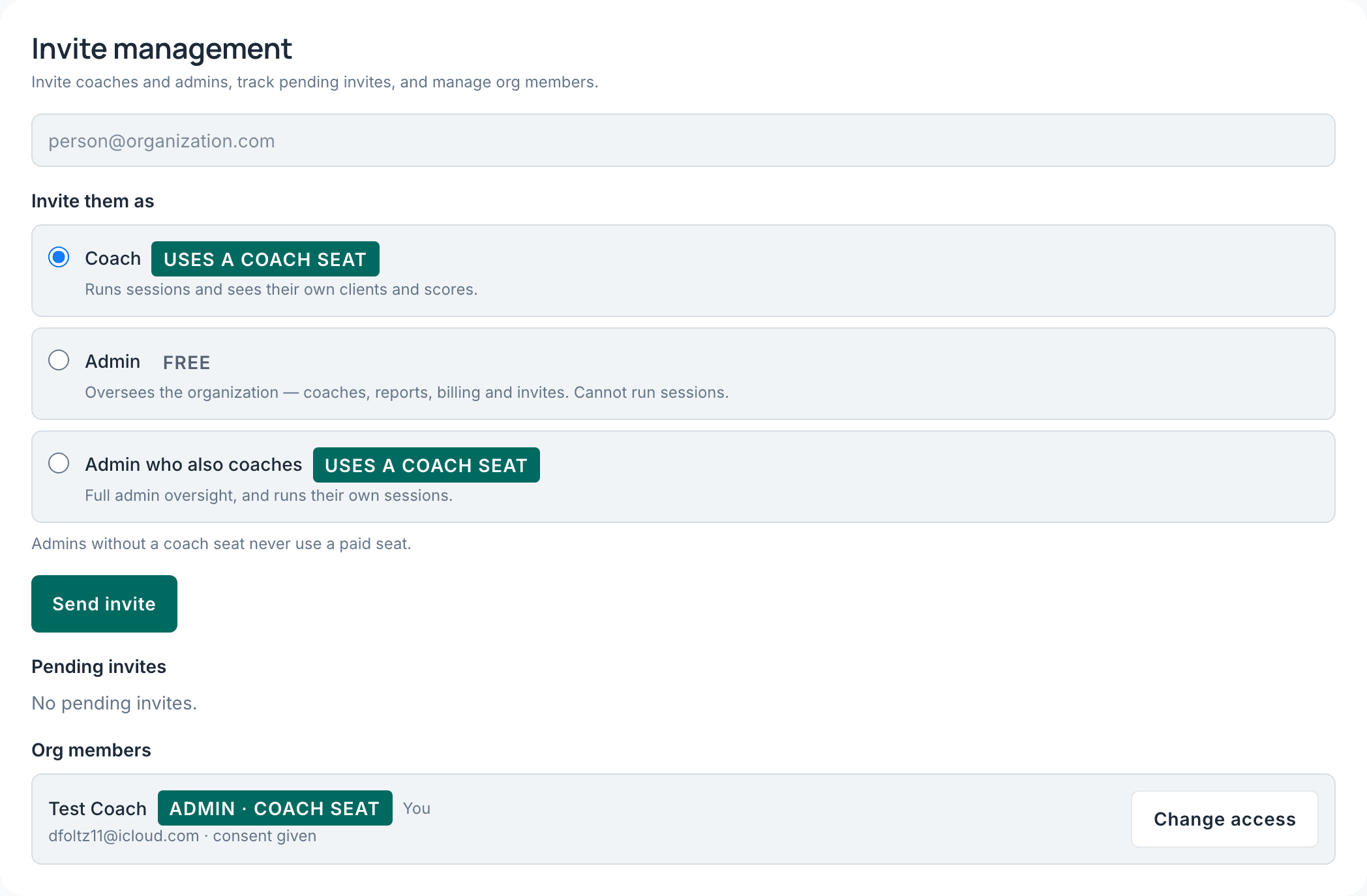 Invite management showing the invite form and members