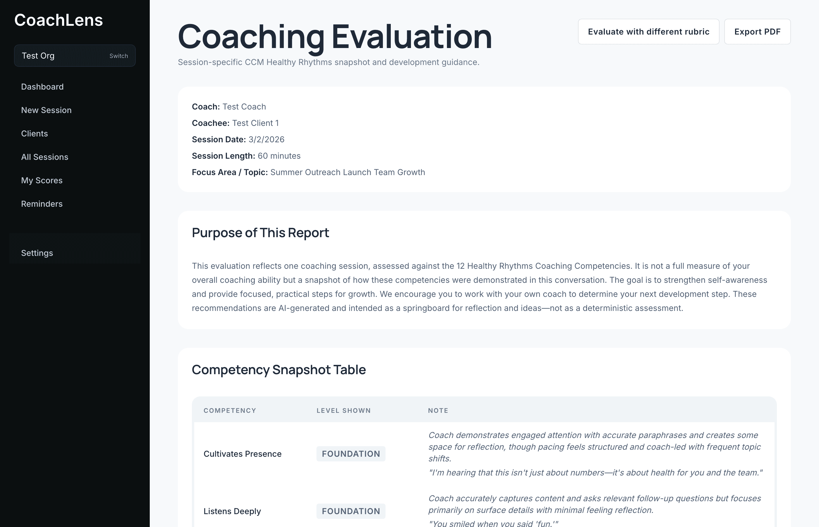 The evaluation page, top section