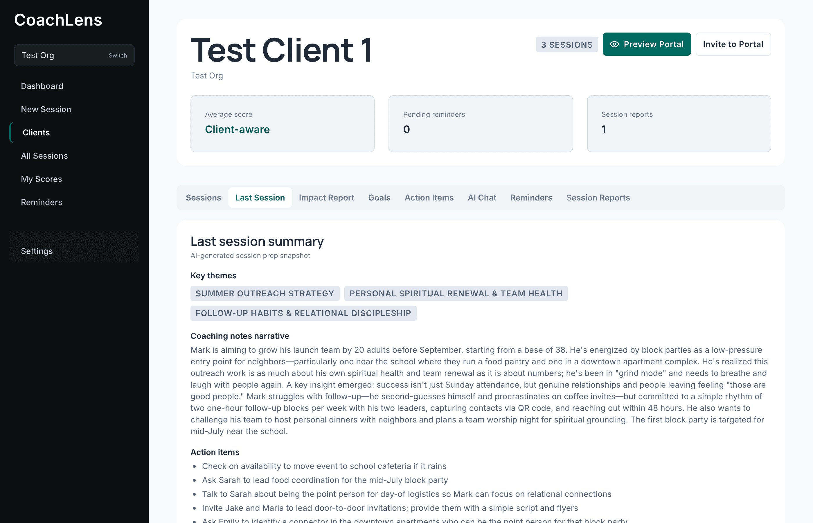 The Last Session tab showing key themes and narrative