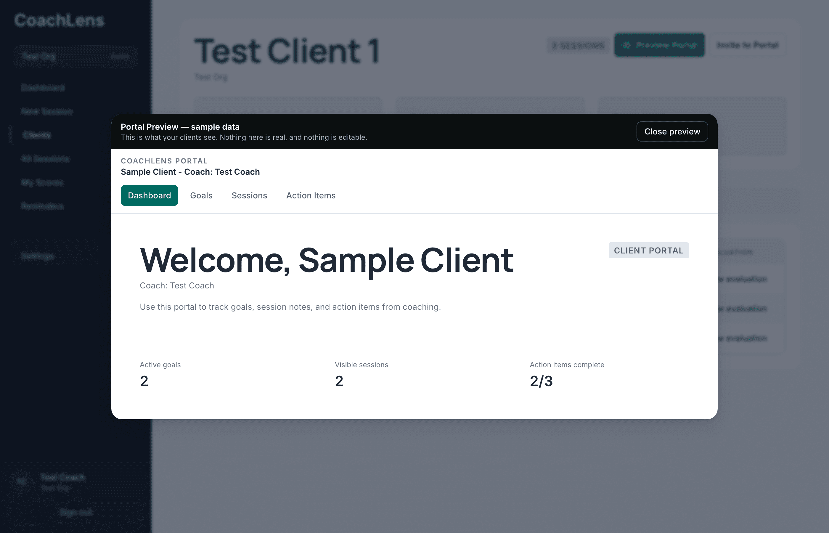 The portal preview overlay showing sample client data