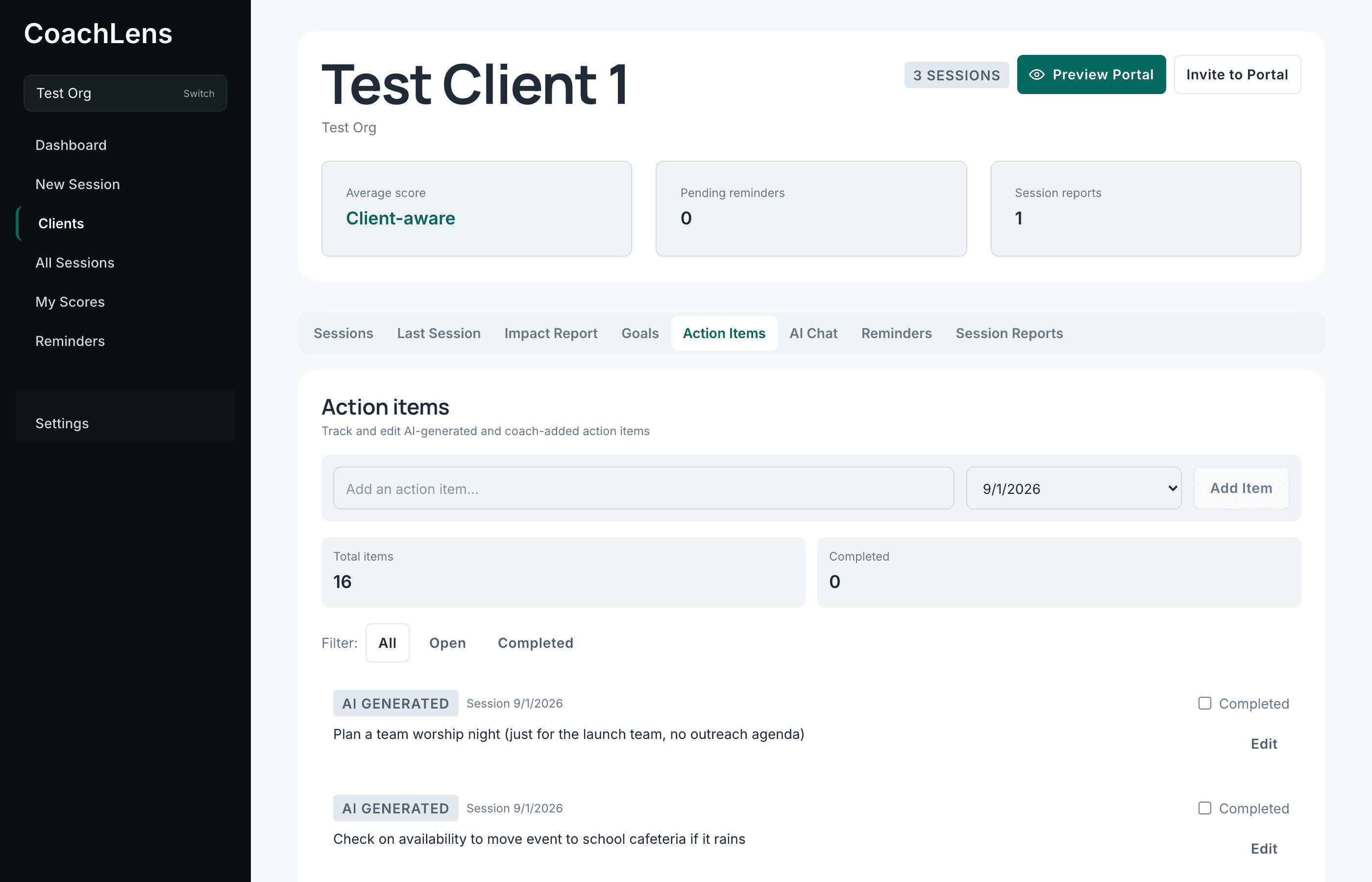 The Action Items tab with filters and counts