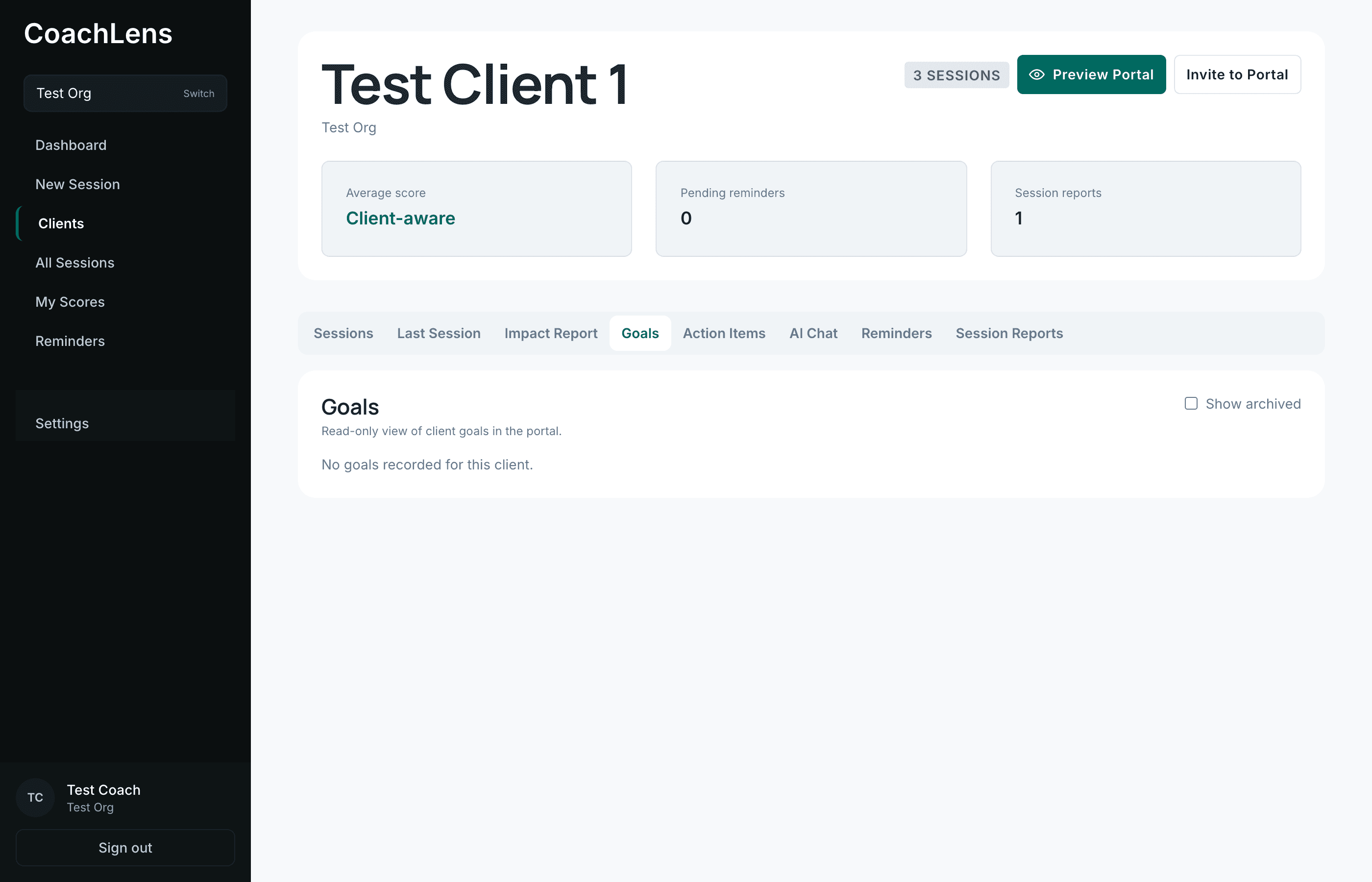 The Goals tab showing a read-only view of client goals