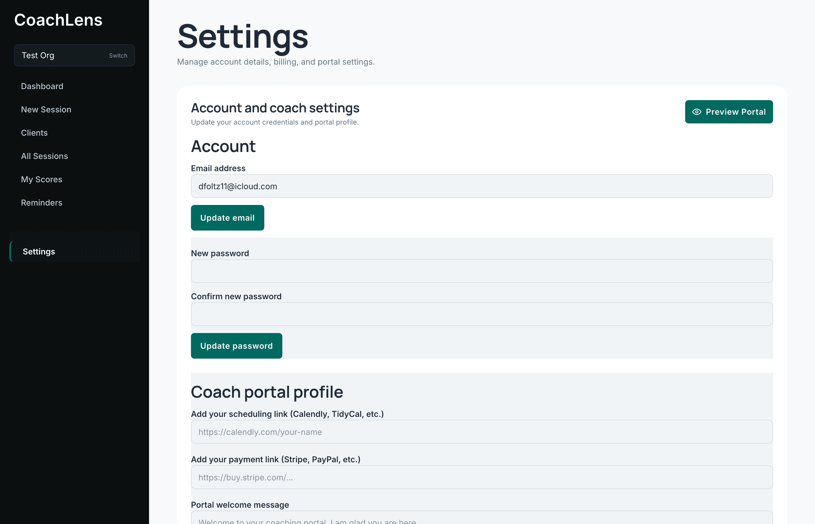 The Settings page showing account and coach portal profile